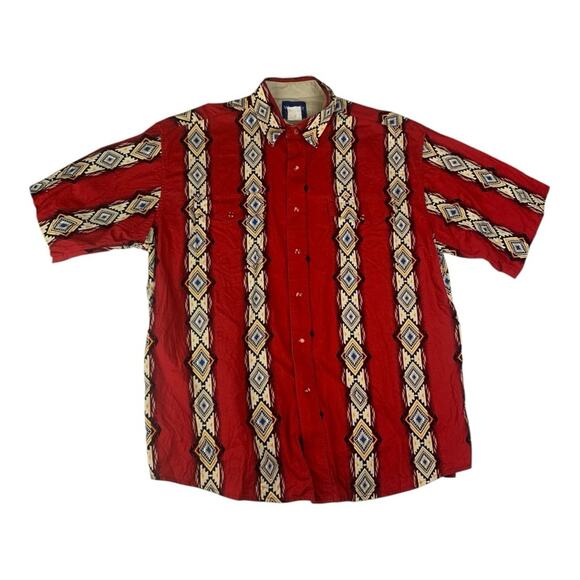 Wrangler mens XL vintage pearl snap Western Short sleeve button Red Cream Design - Picture 2 of 8